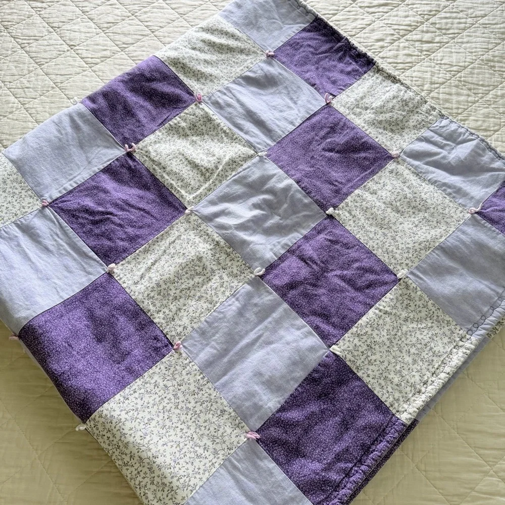 Vintage Patchwork Quilt – Purple & Lavender Floral – Hand-Tied – 57” x 57”